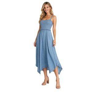 Gap Smocked Medium Empire Waist Blue Midi Dress Asymmetrical Hem